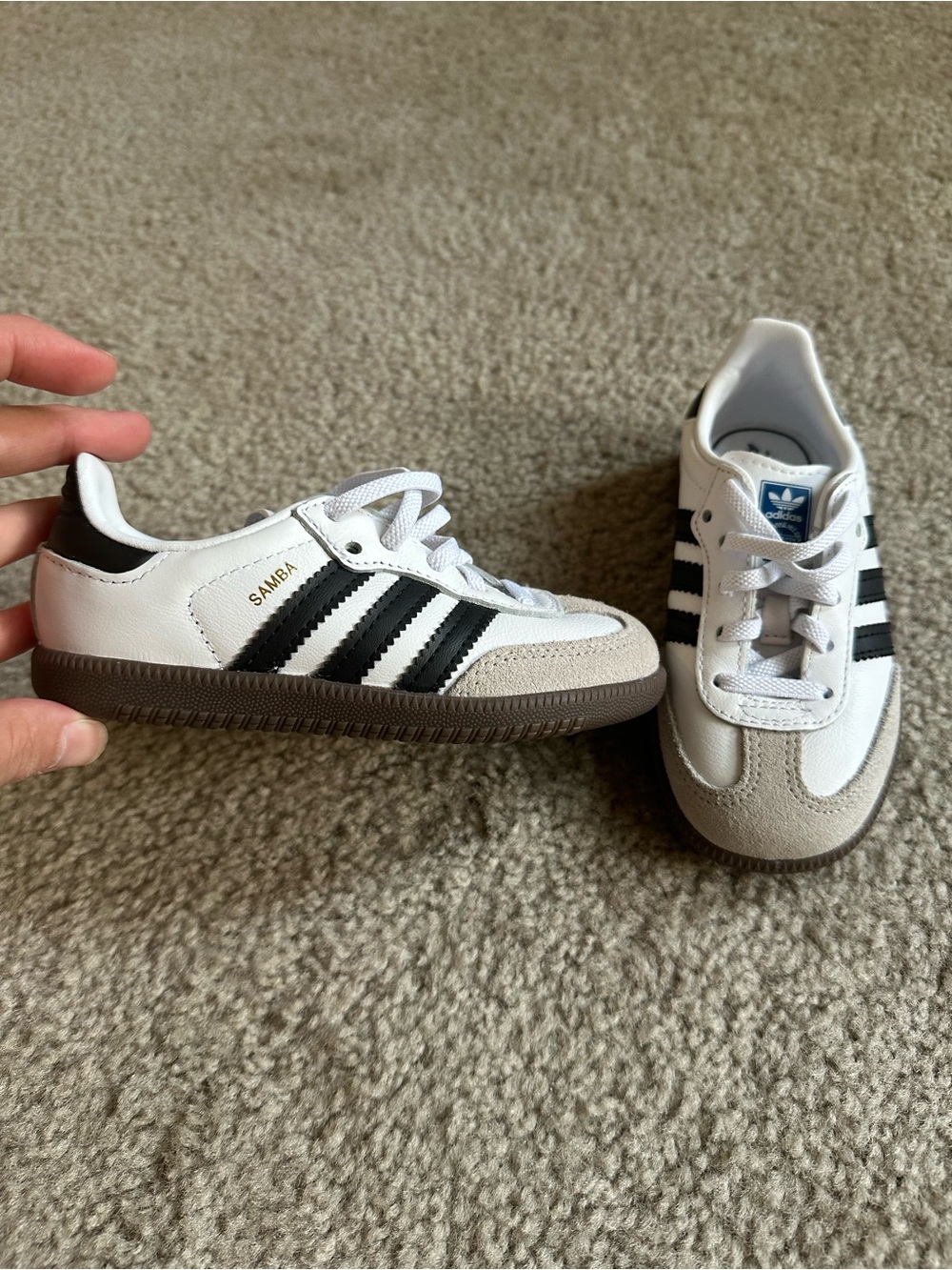 adidas Kids White Sneakers with Black Stripes and Gray Suede Toe